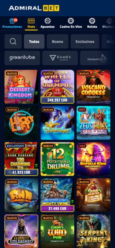 Interfaz de la AdmiralBet App