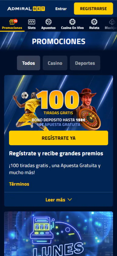 Interfaz de la AdmiralBet App